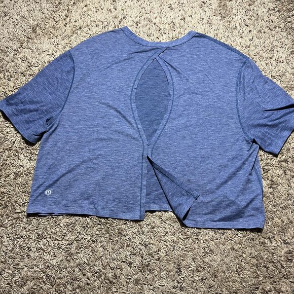 Lululemon Size Medium Intended Short Sleeve Heather Cobalt Crop Top Open Back - Picture 5 of 8